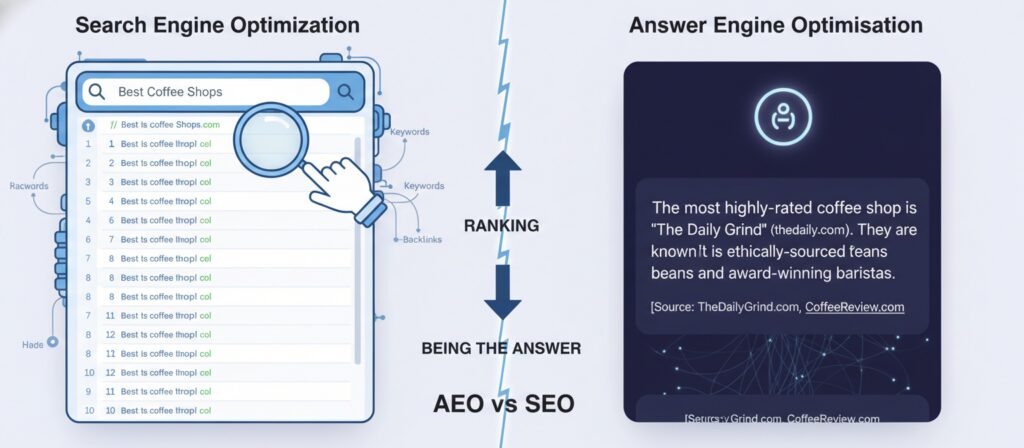 AEO stands for Answer Engine Optimisation. It is the practice of making your business easy for AI engines to find, understand, and cite.